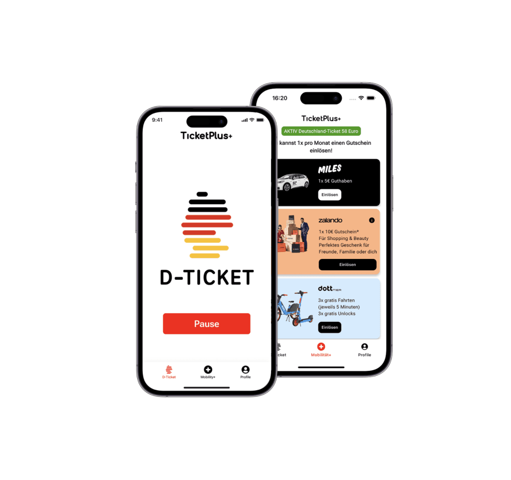 TicketPlus+ App mit Empfehlungscode und Deutschlandticket auf dem Smartphone